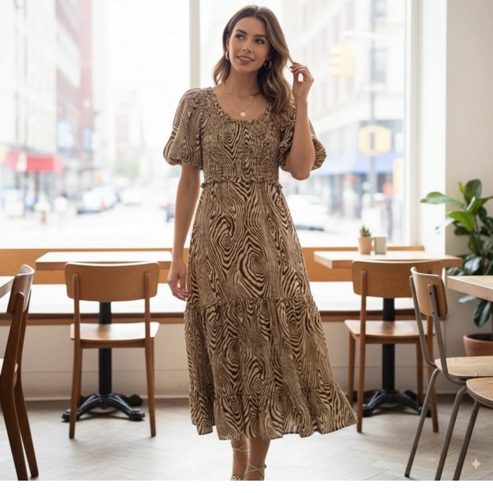 Moon River Brown Patterned Midi Dress‎